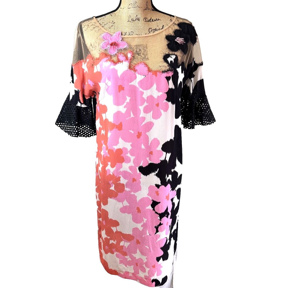 Maria Grazia Severi Women Floral Print Silk Elbow Sleeve Cocktail Dress Sz 10/46